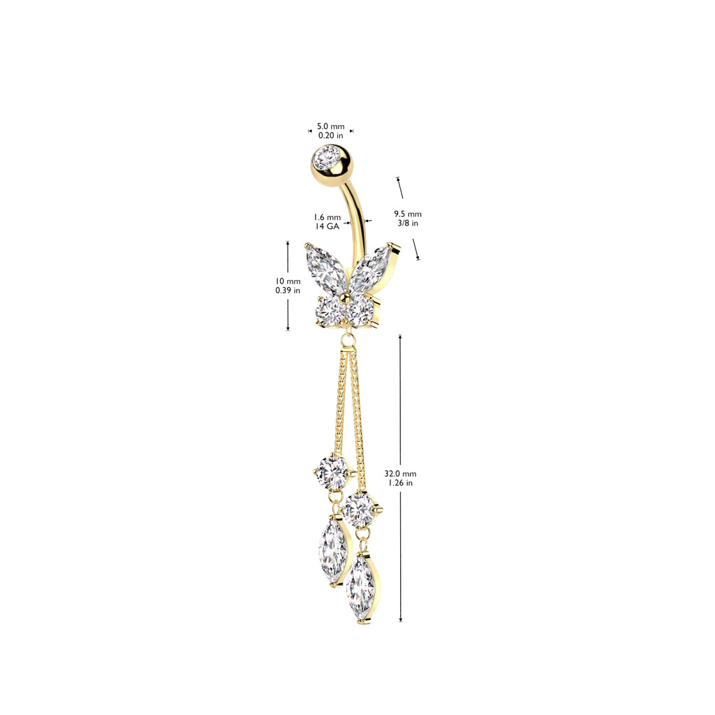PREMIUM Crystal Butterfly Tear Drop Chain Navel Dangle 14g