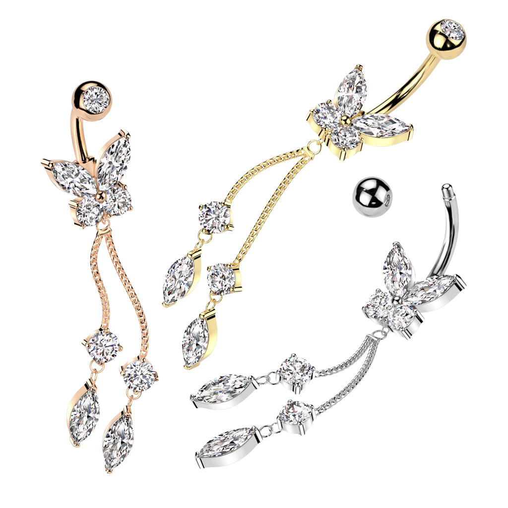PREMIUM Crystal Butterfly Tear Drop Chain Navel Dangle 14g