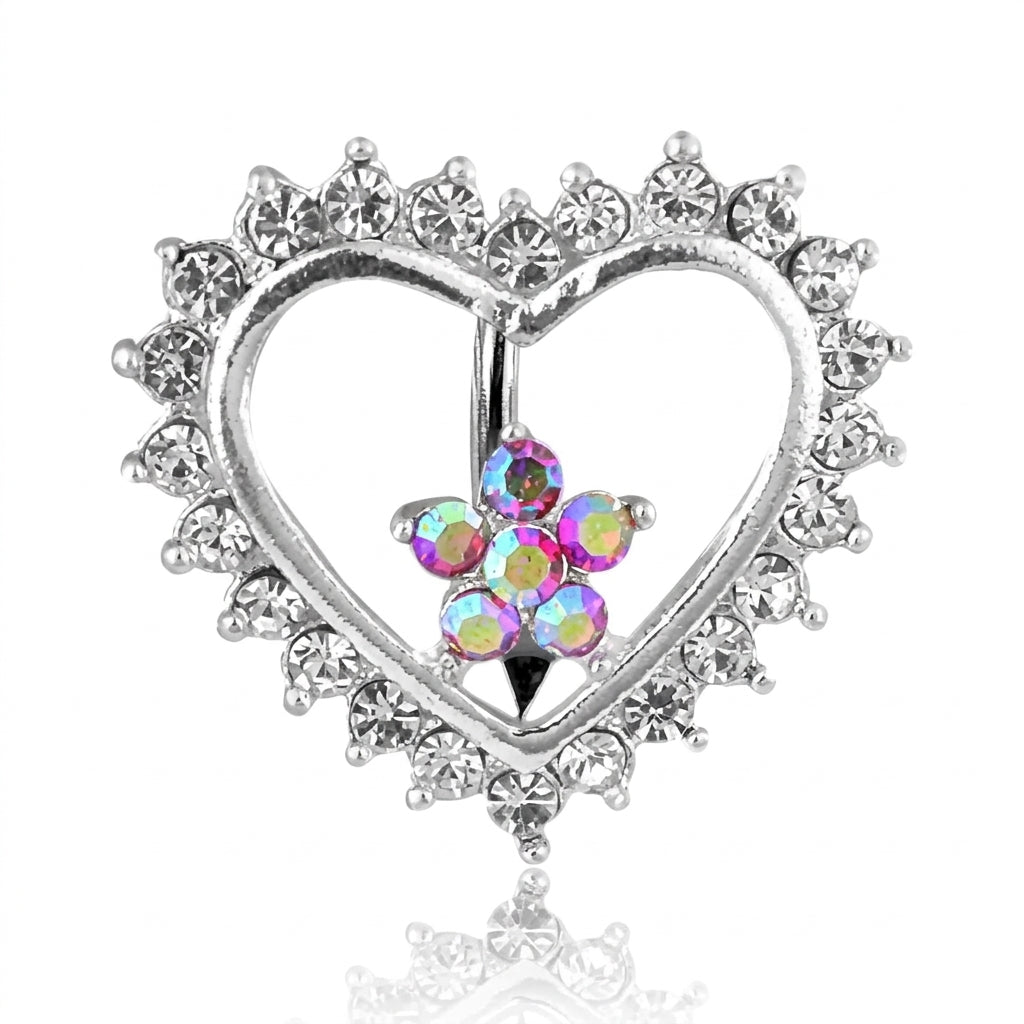 Crystal Flower + Heart Shield Inverted Belly Ring 14g