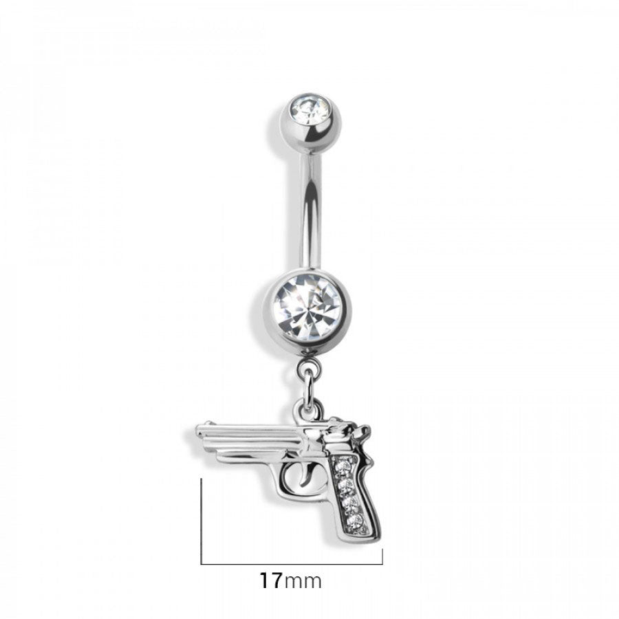 Surgical Steel Crystal + Gun Navel Dangle 14g