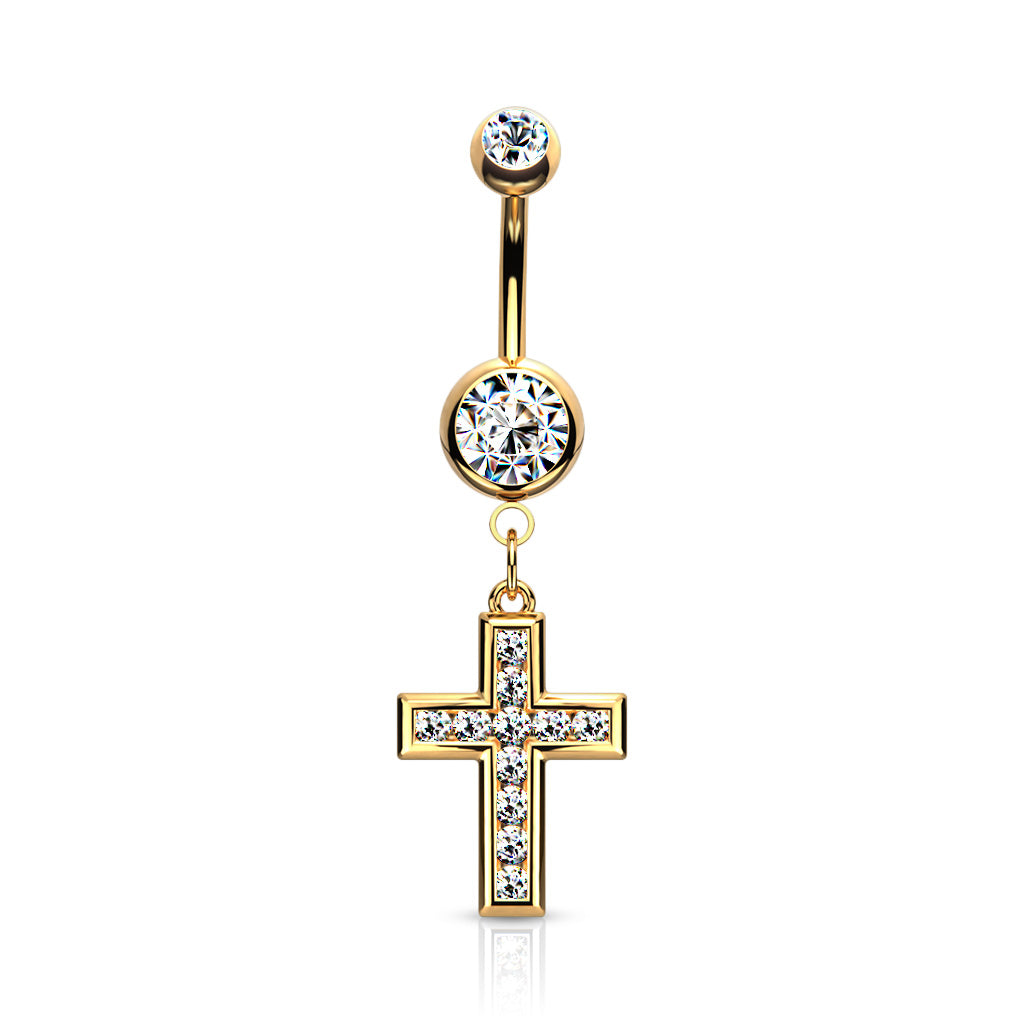 PREMIUM Channel-Set Crystal Cross Navel Dangle 14g