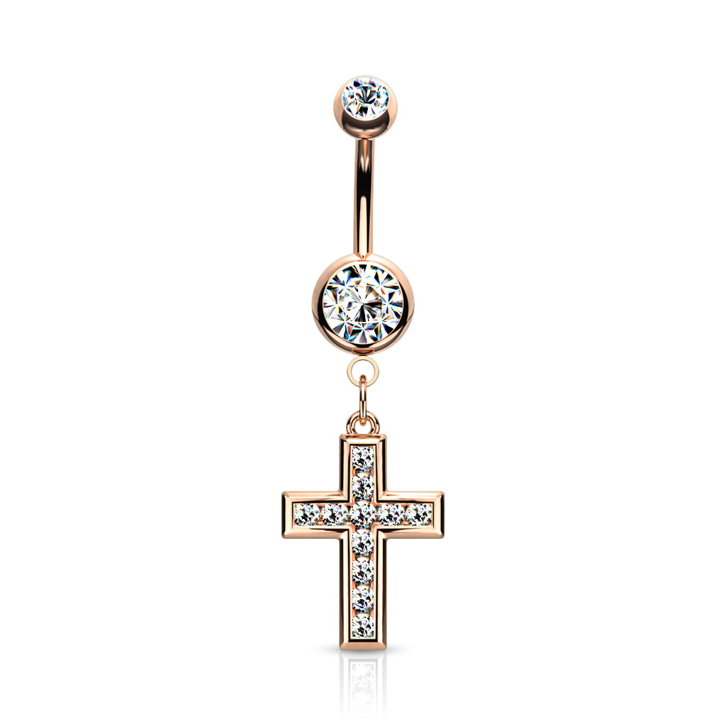 PREMIUM Channel-Set Crystal Cross Navel Dangle 14g