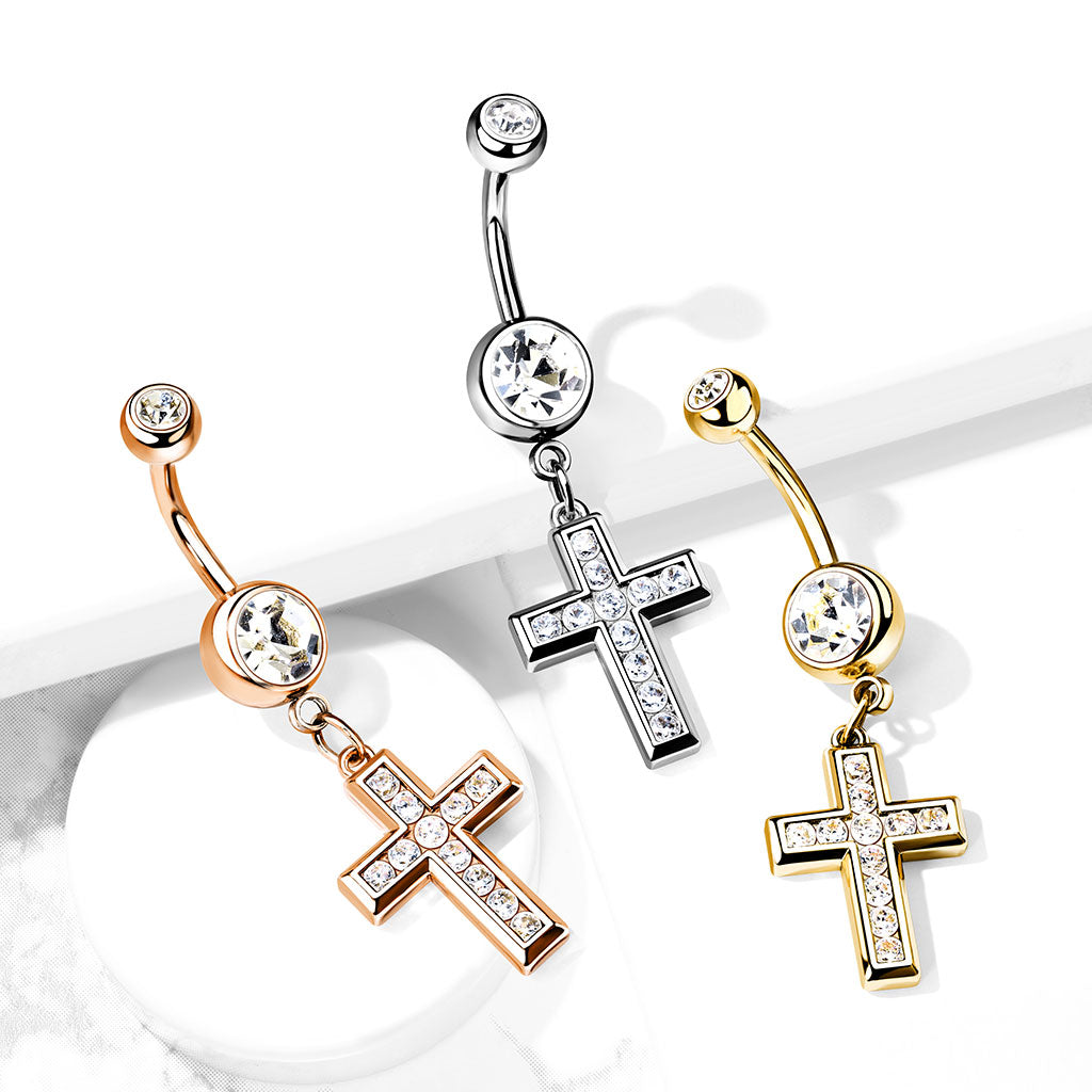 PREMIUM Channel-Set Crystal Cross Navel Dangle 14g