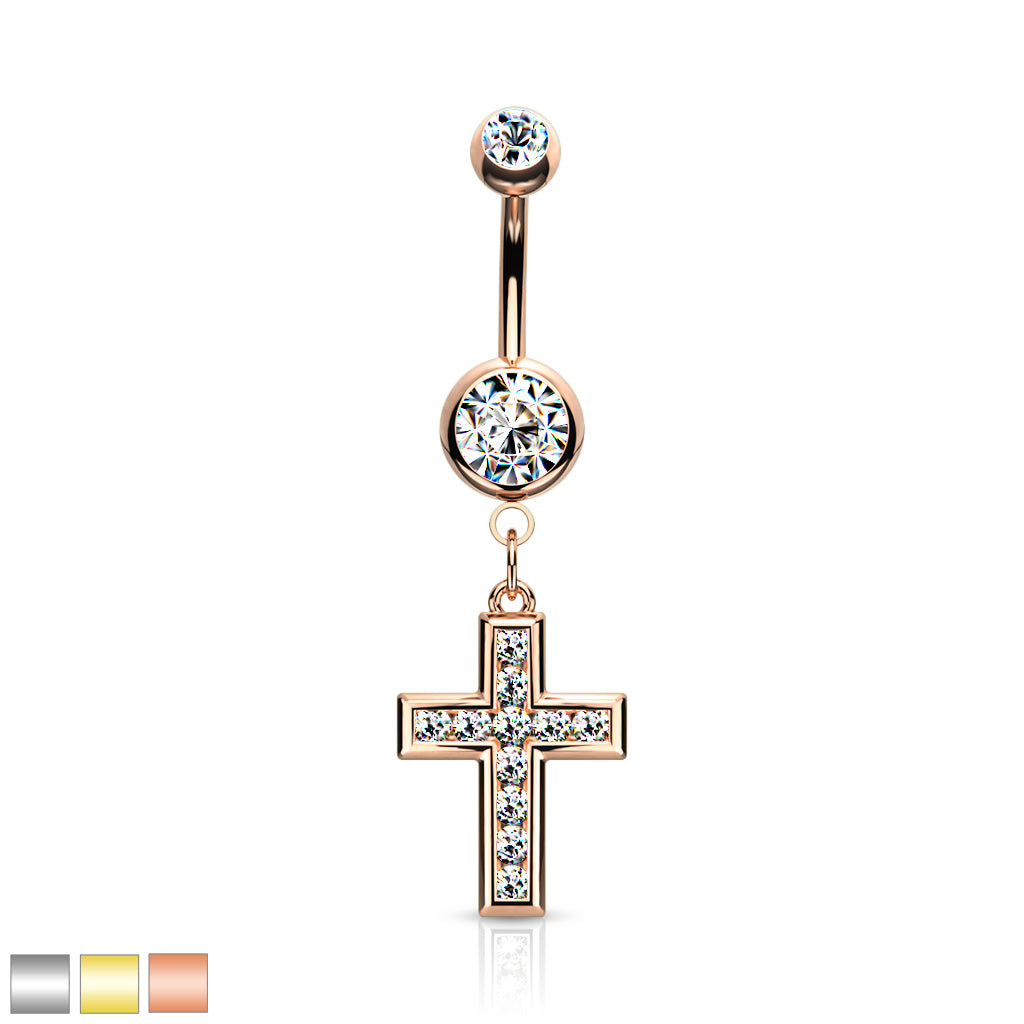 PREMIUM Channel-Set Crystal Cross Navel Dangle 14g