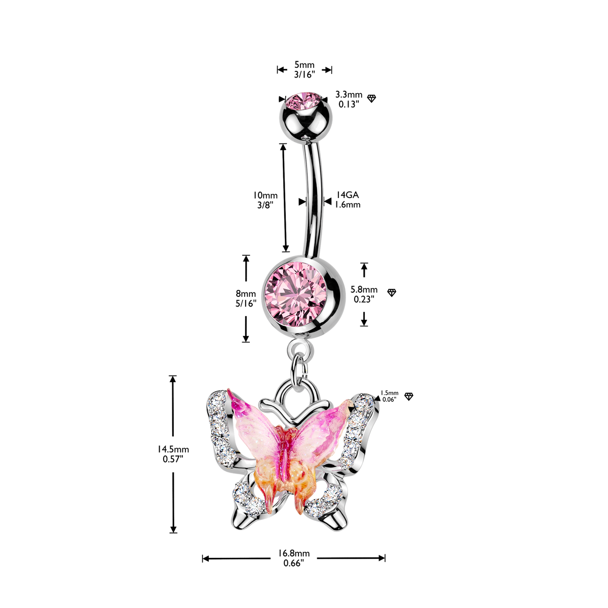 Pink Crystal Butterfly Belly Dangle 14g