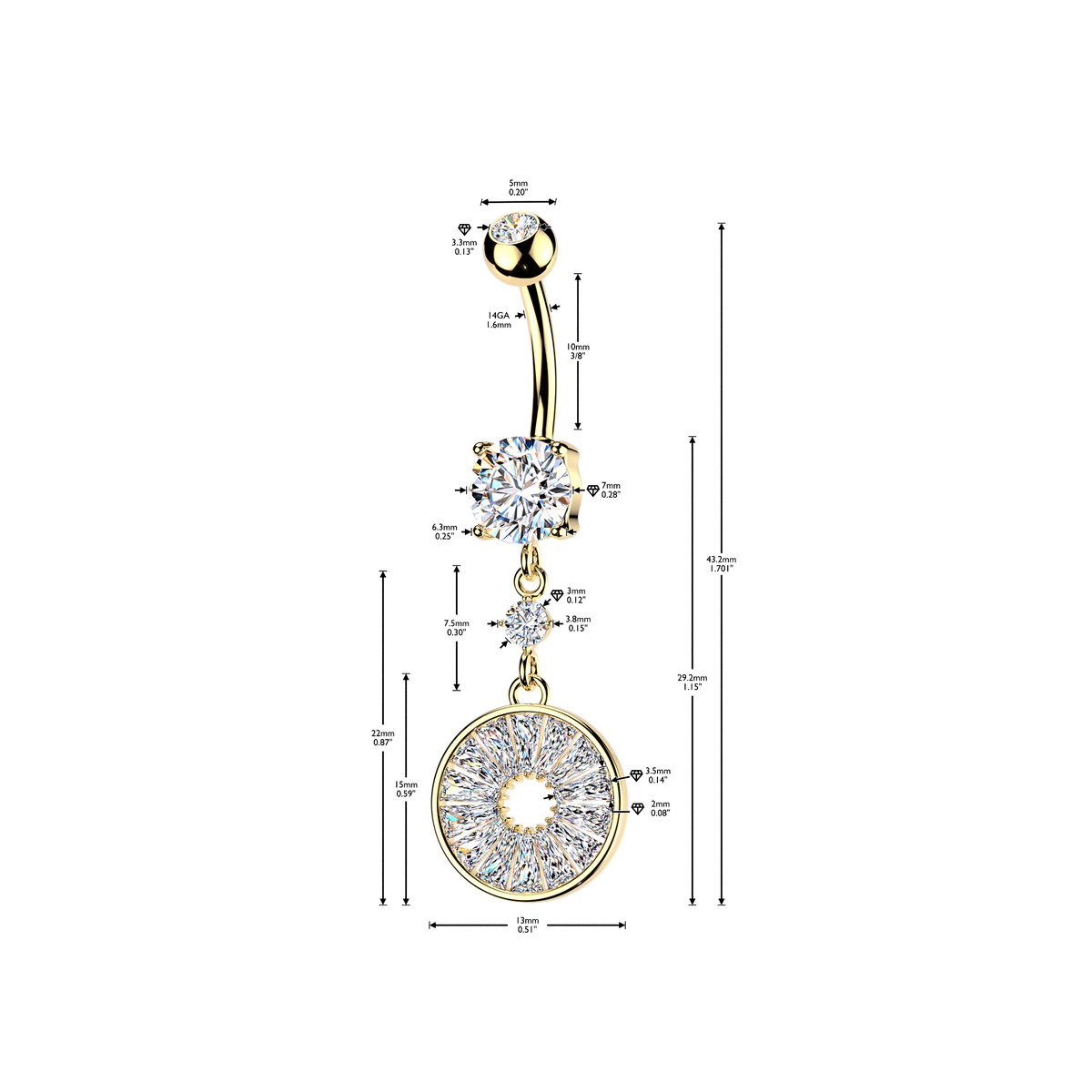 Spoked Wheel Crystal Belly Dangle 14g