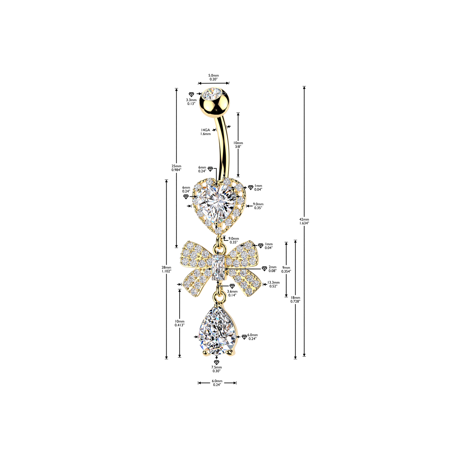 Halo Heart Bow Teardrop Navel Dangle 14g