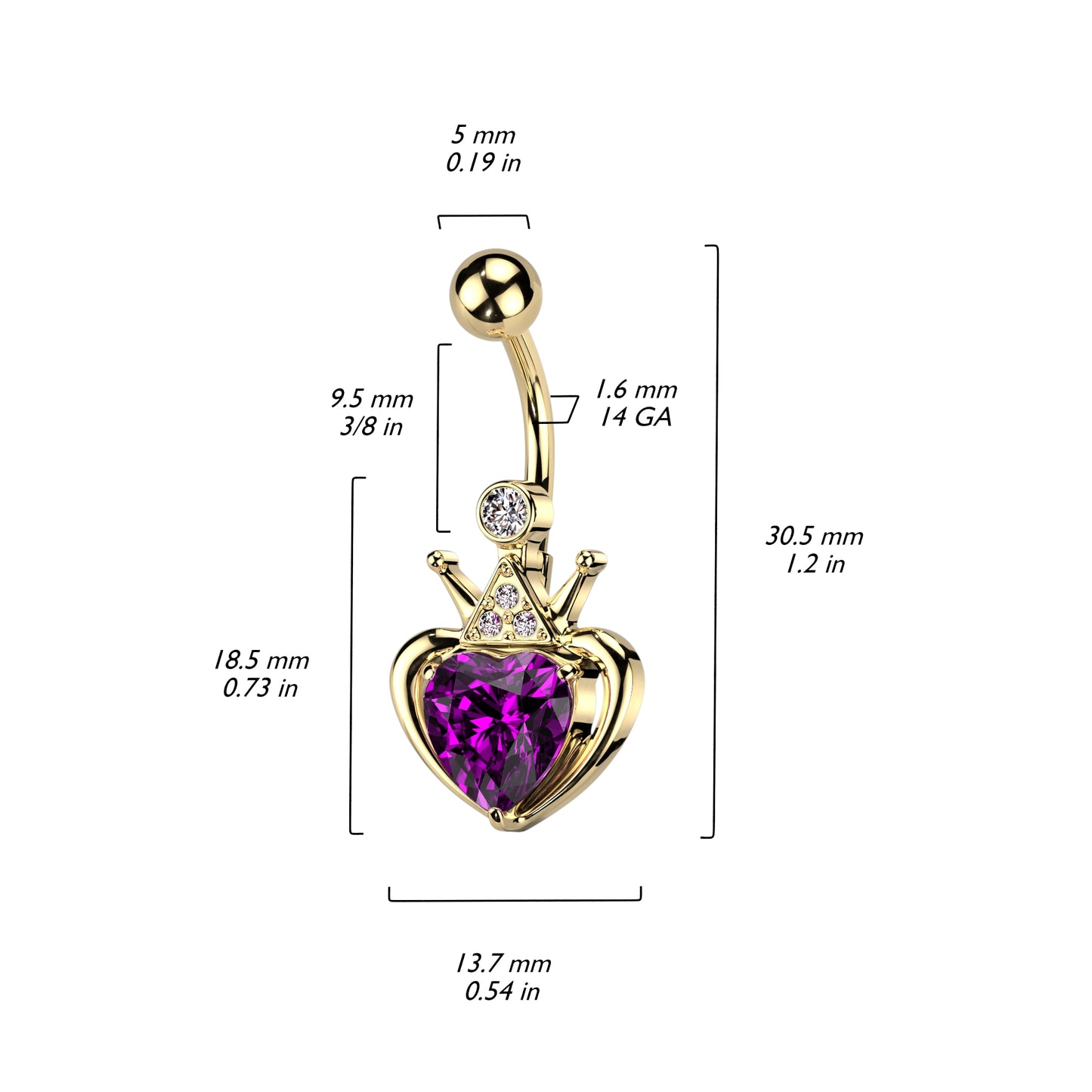 PREMIUM Crown Heart Navel Barbell 14g