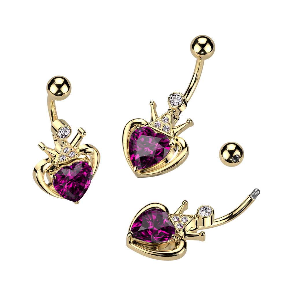PREMIUM Crown Heart Navel Barbell 14g