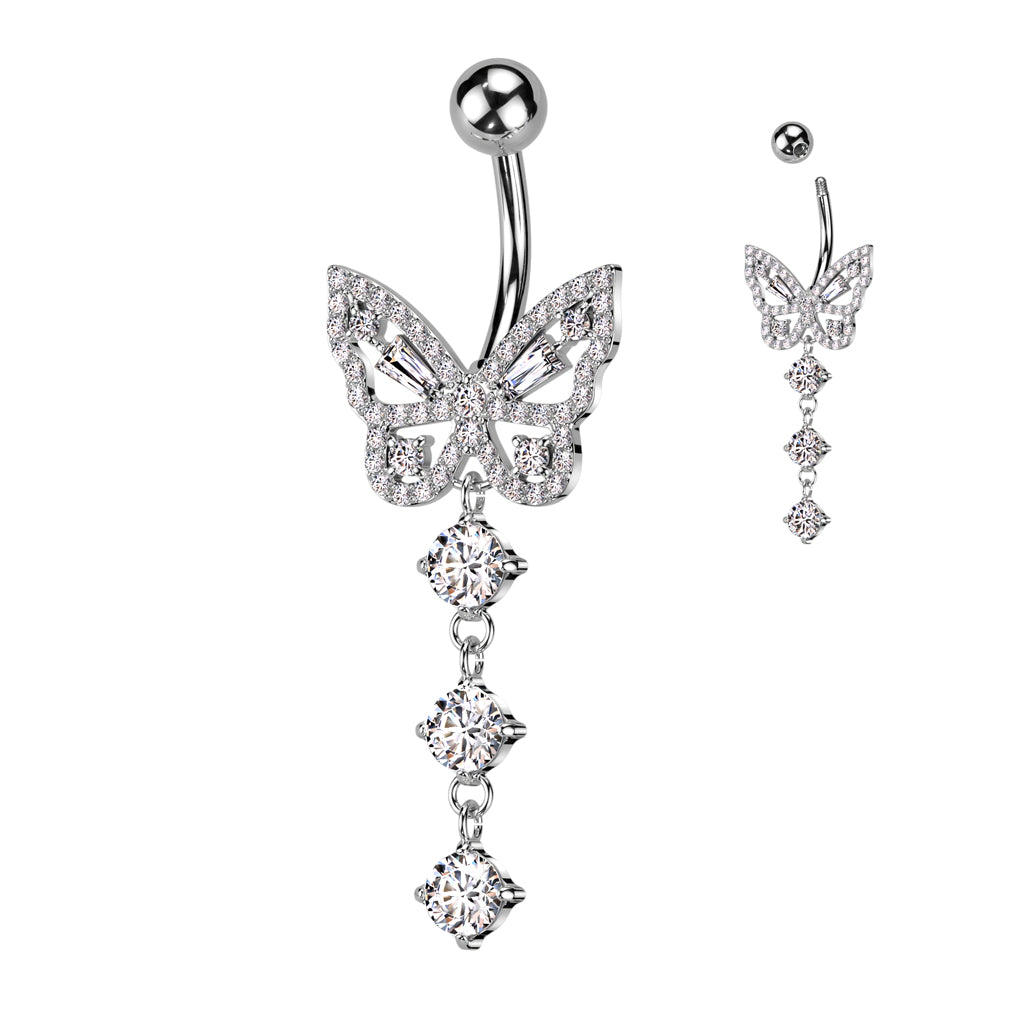 Butterfly Cut-Out Triple Crystal Navel Dangle 14g