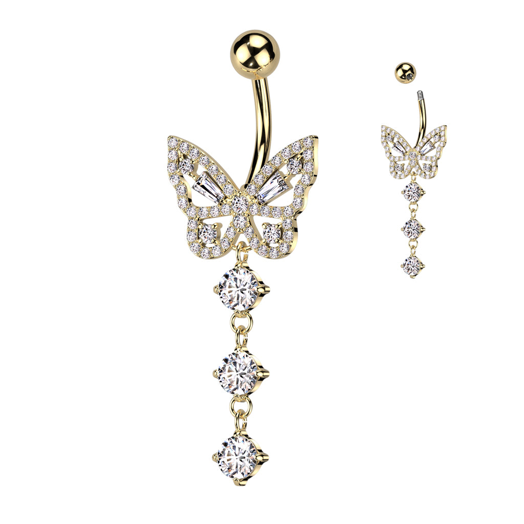 Butterfly Cut-Out Triple Crystal Navel Dangle 14g
