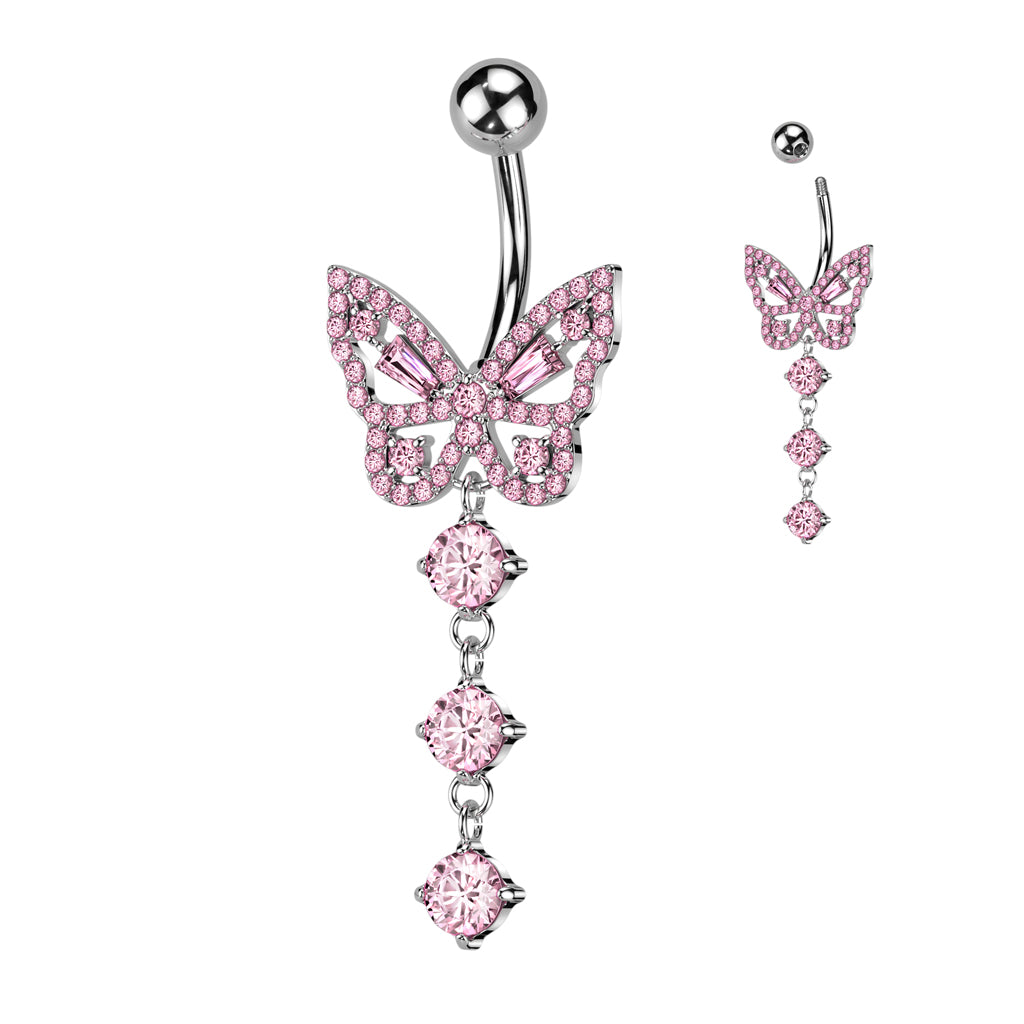 Butterfly Cut-Out Triple Crystal Navel Dangle 14g
