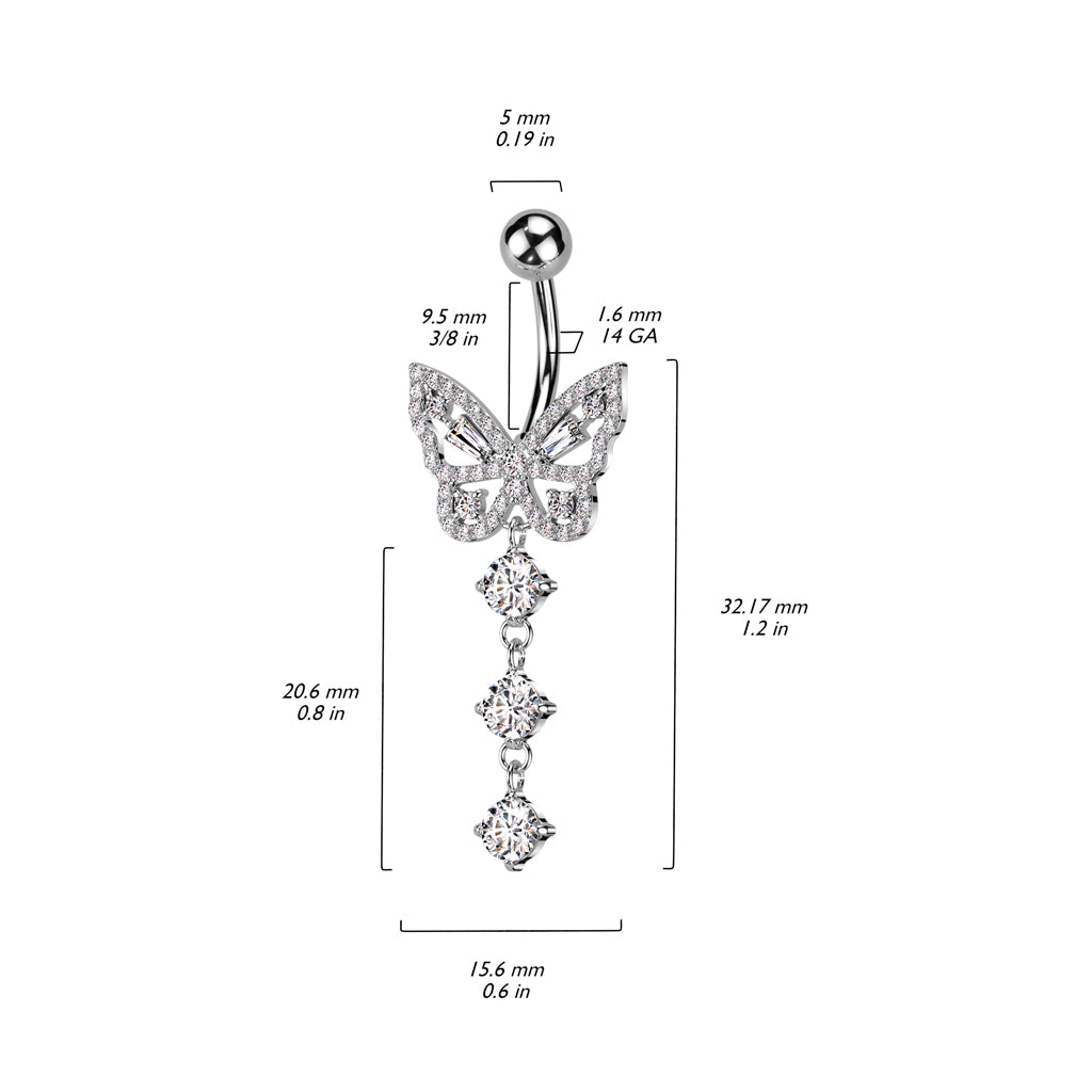 Butterfly Cut-Out Triple Crystal Navel Dangle 14g