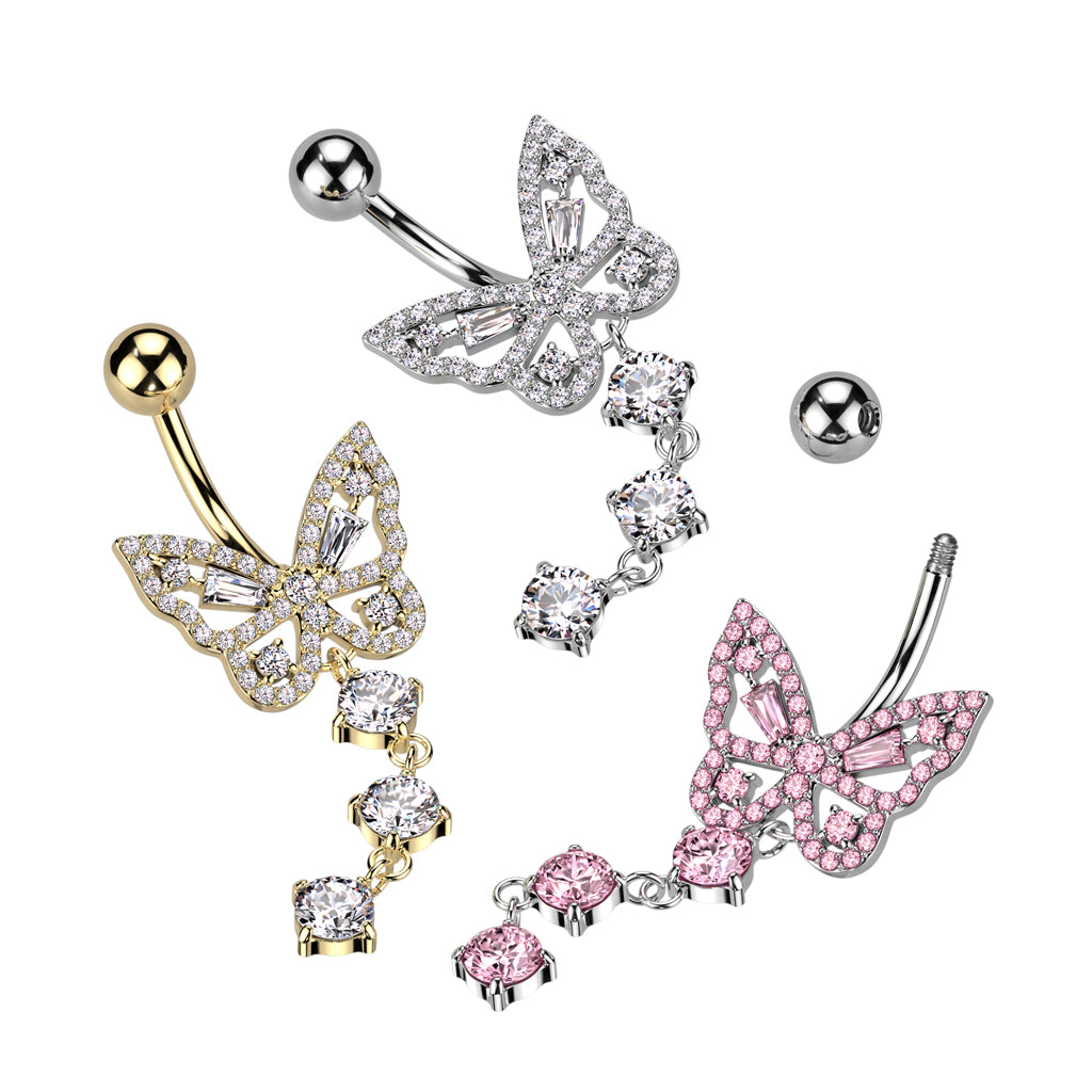 Butterfly Cut-Out Triple Crystal Navel Dangle 14g