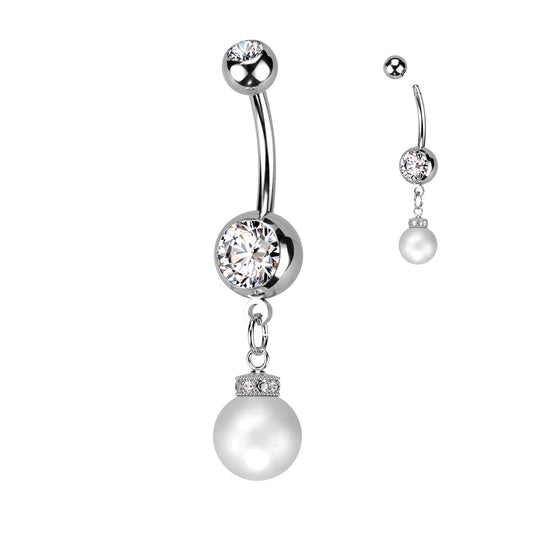 Bezel-Set Pearl Chain Navel Dangle 14g