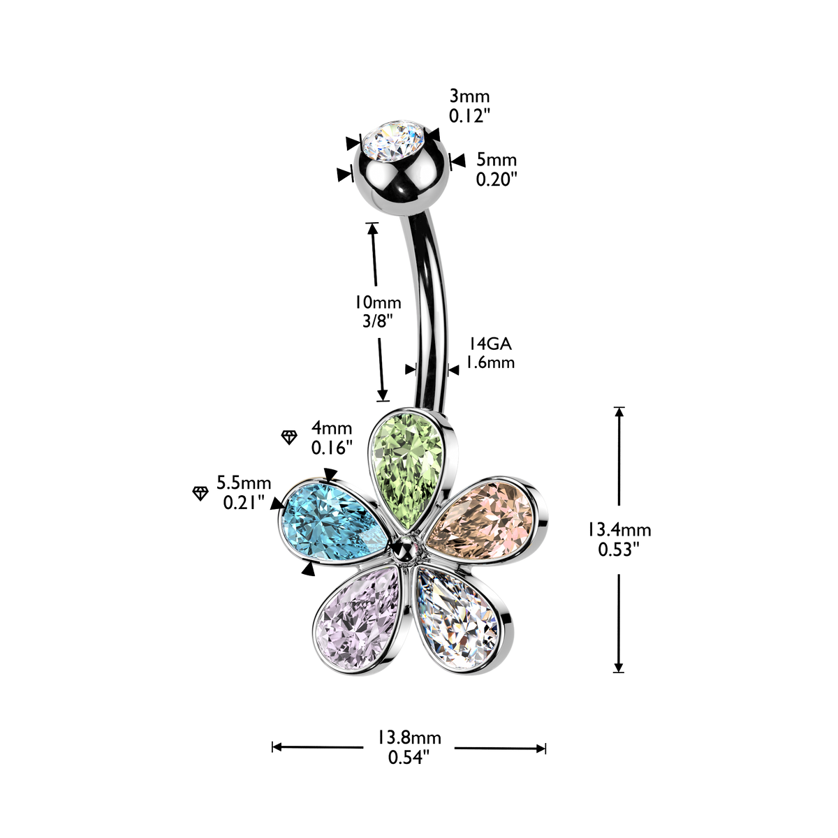 Crystal Teardrop Petal Flower Belly Ring 14g