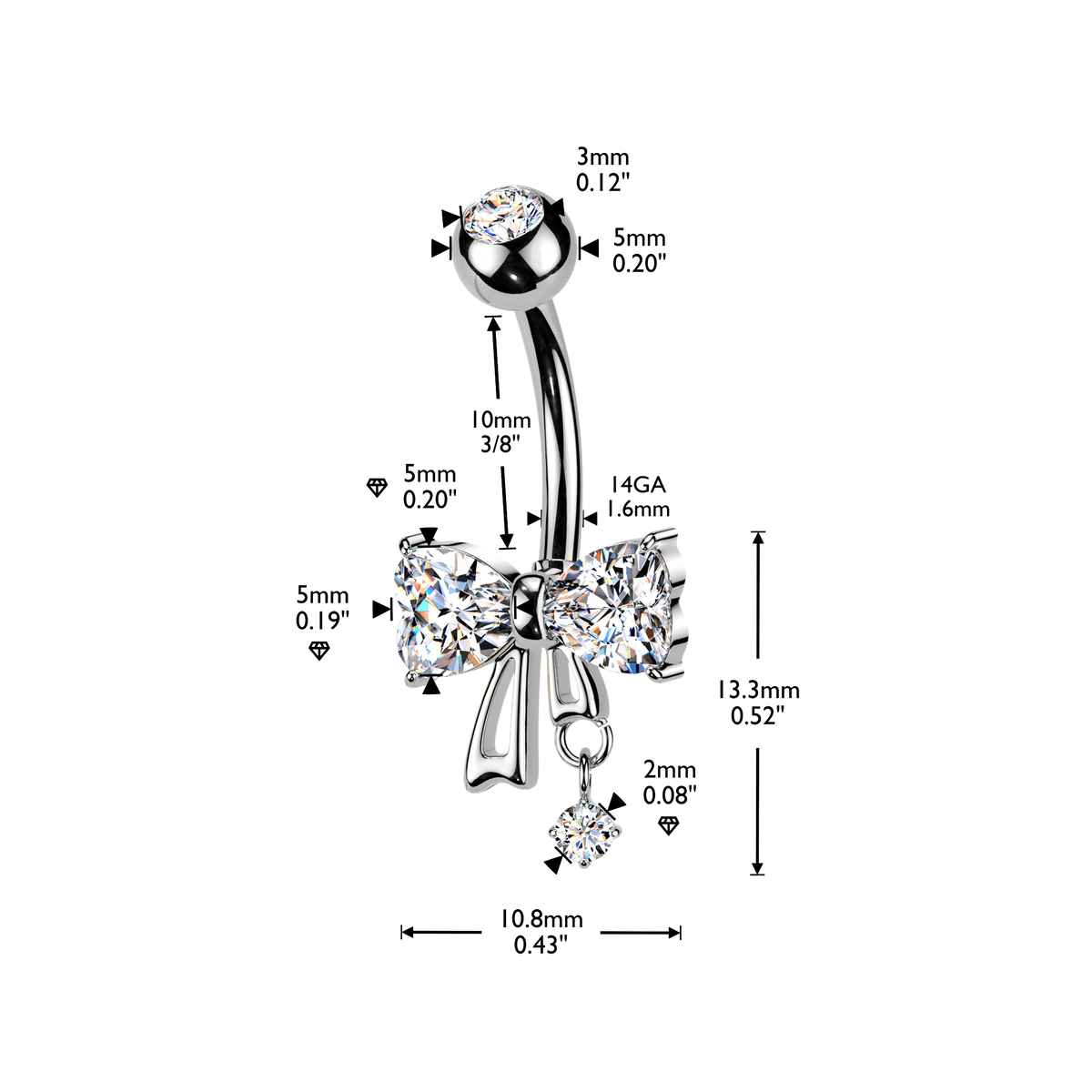 Crystal Heart Bow Belly Ring 14g