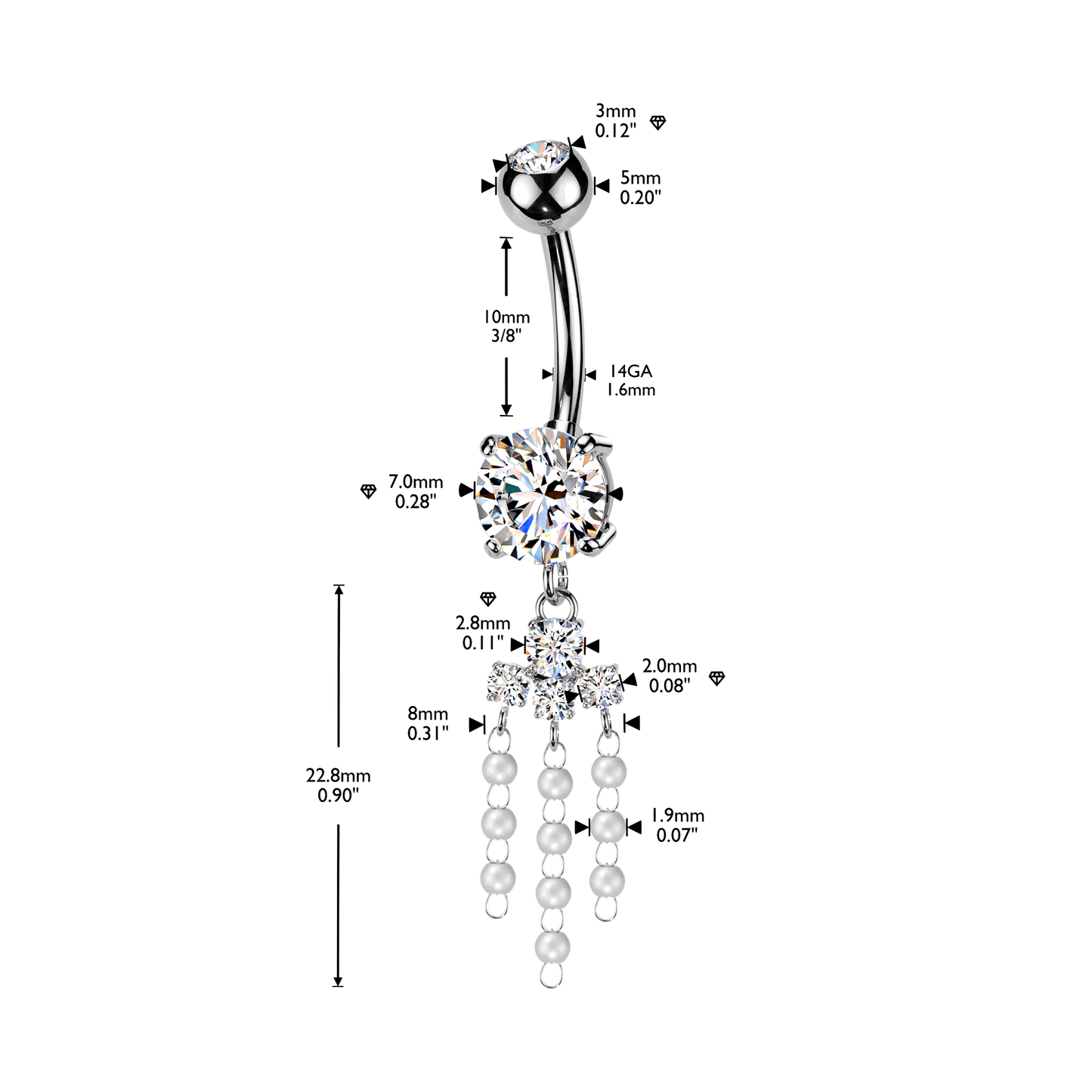 Crystal & Pearl Cascade Navel Dangle 14g