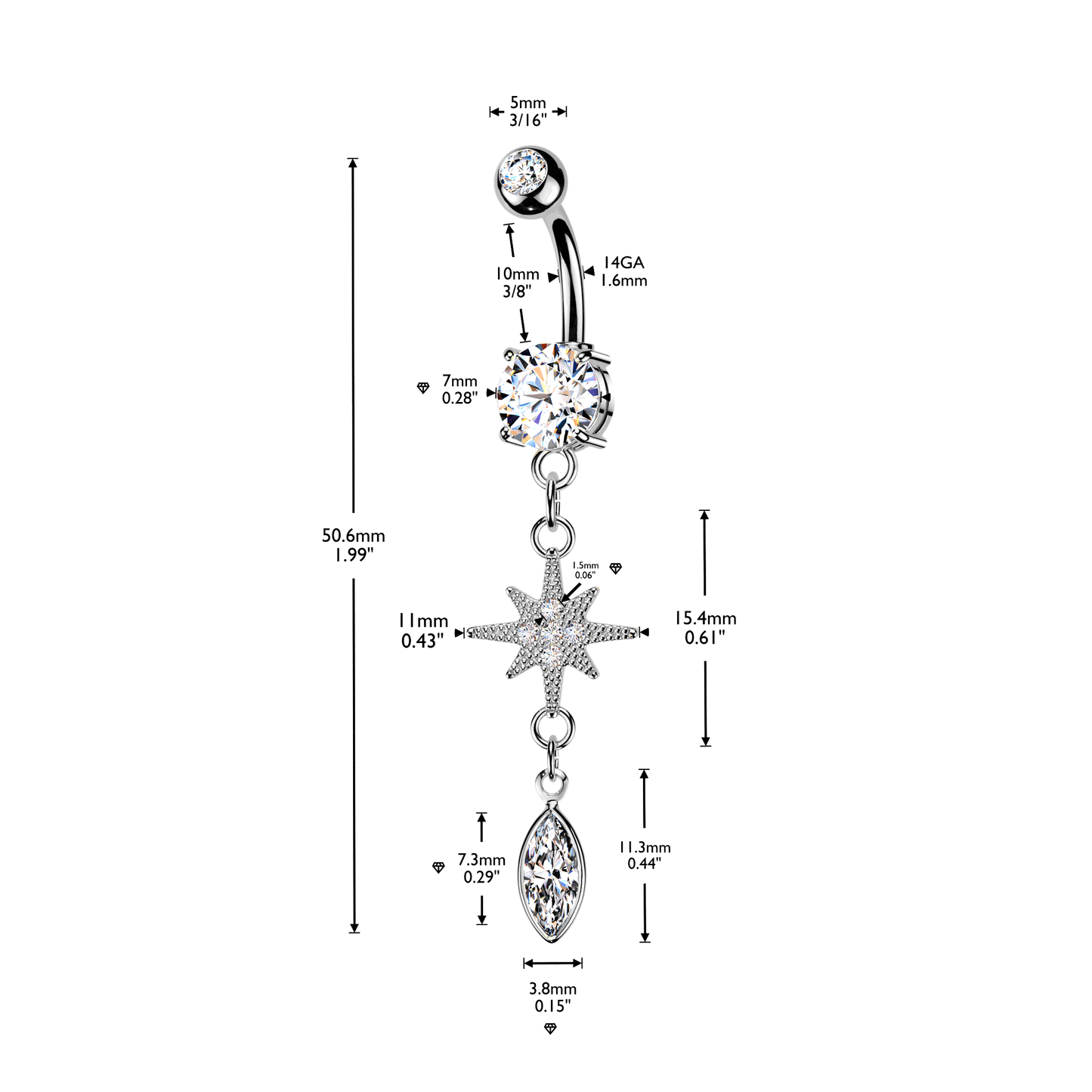 North Star Marquise Navel Dangle 14g