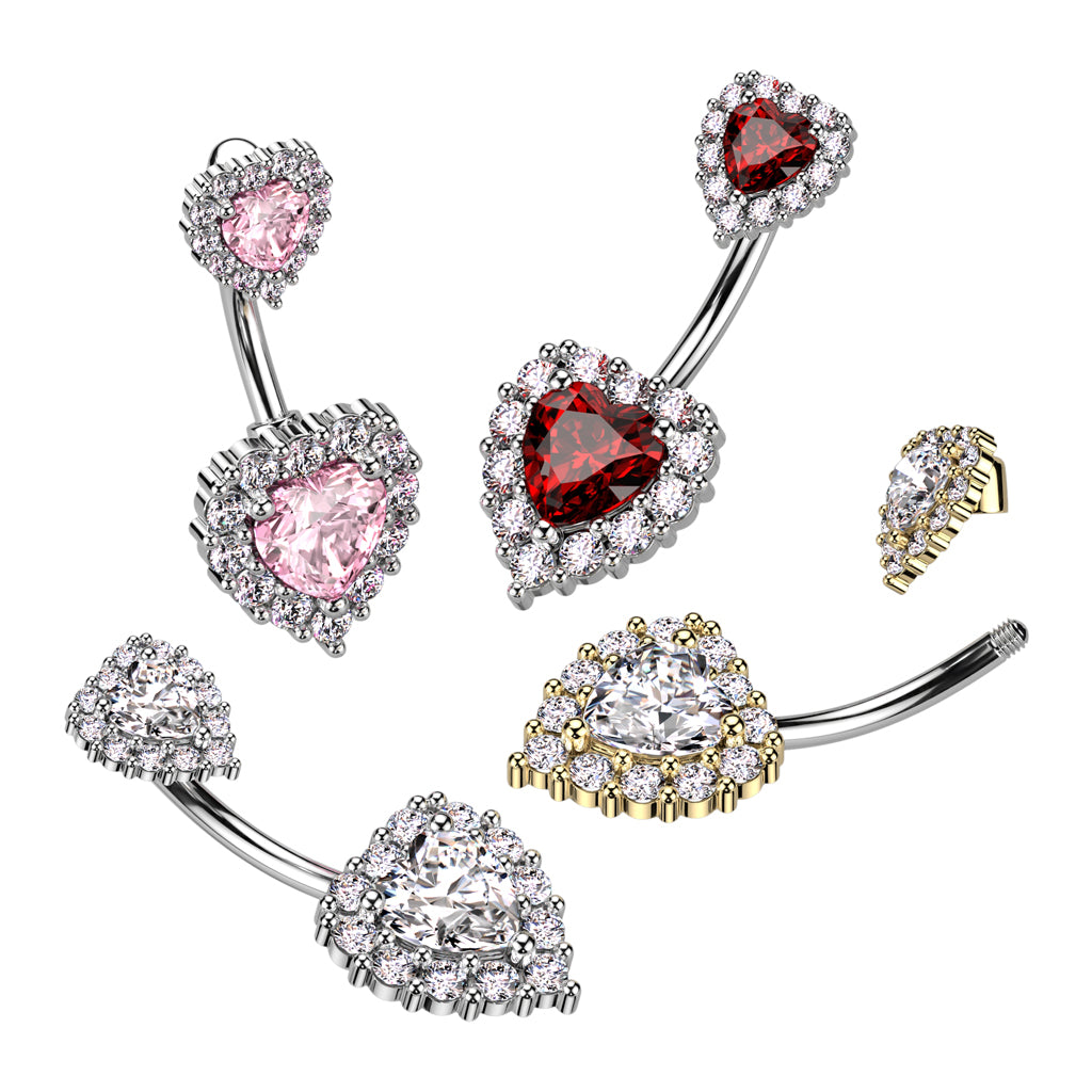 PREMIUM Bejeweled Crystal Heart Navel Barbell 14g