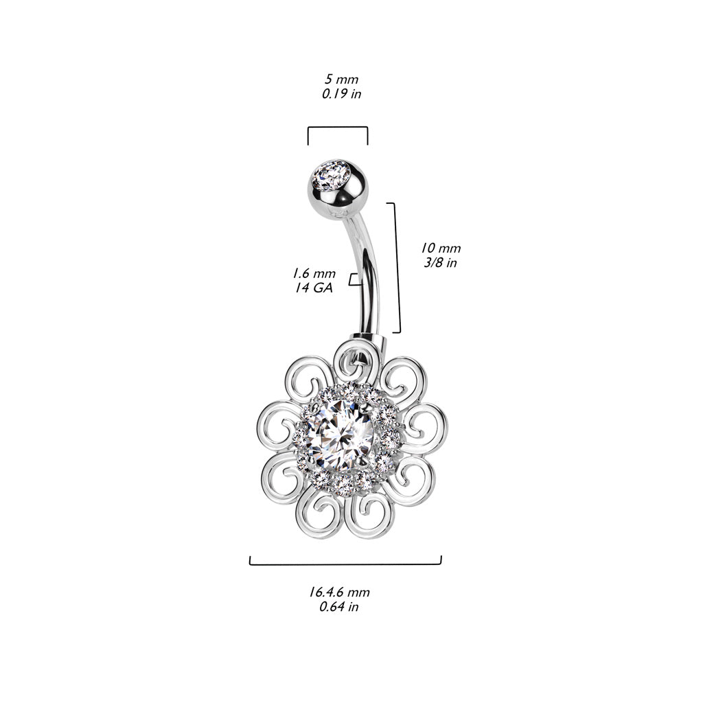 Filigree Scroll Flower Crystal Halo Belly Ring 14g