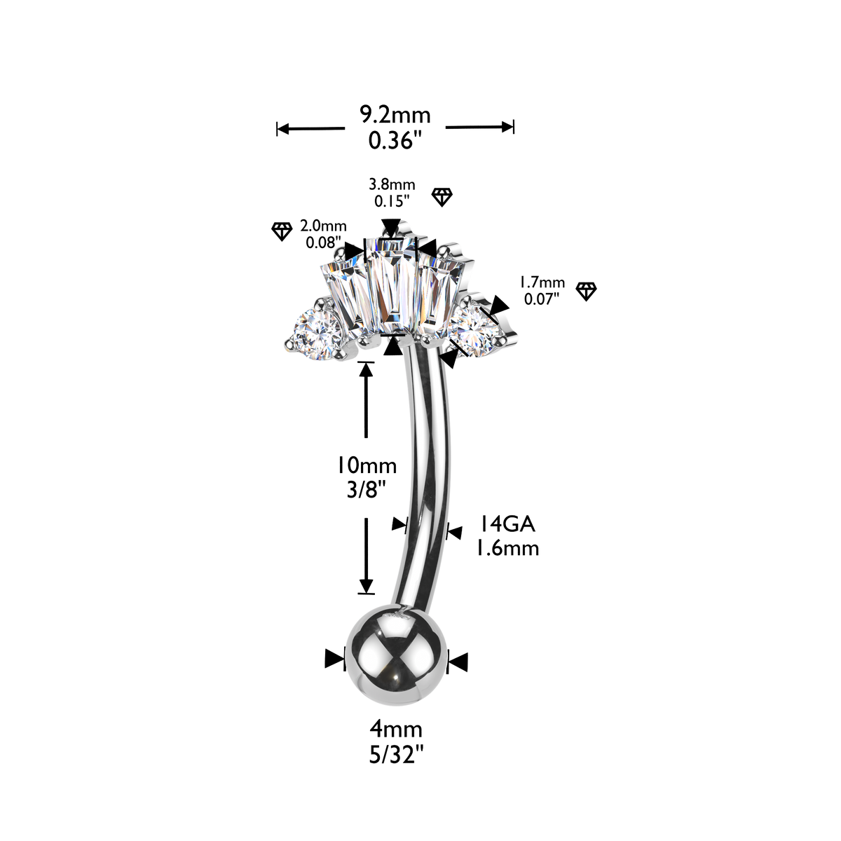 Baguette-Cut Crystal Inverted Belly Ring 14g
