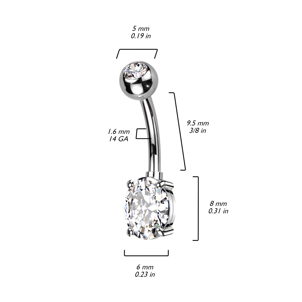 Premium Oval Bezel + Claw-Set Crystal Navel Barbell 14g