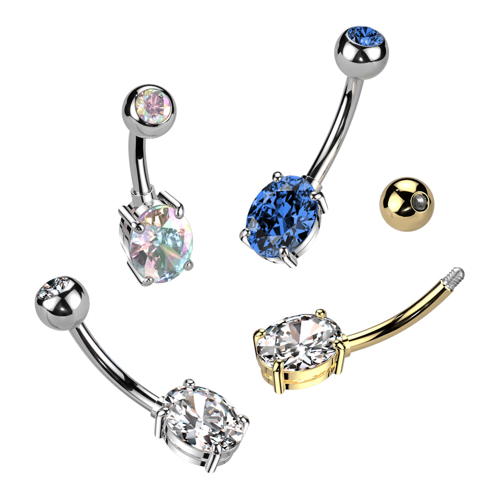 Oval Bezel + Claw-Set Crystal Navel Barbell 14g
