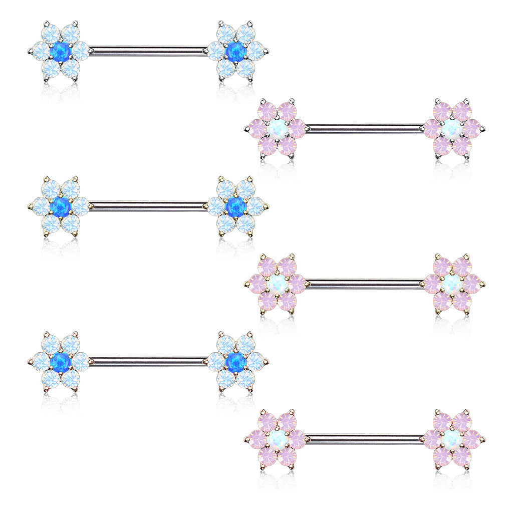 Premium Claw-Set Opal Nipple Barbell with Opalite Petals - 14g, 16mm length