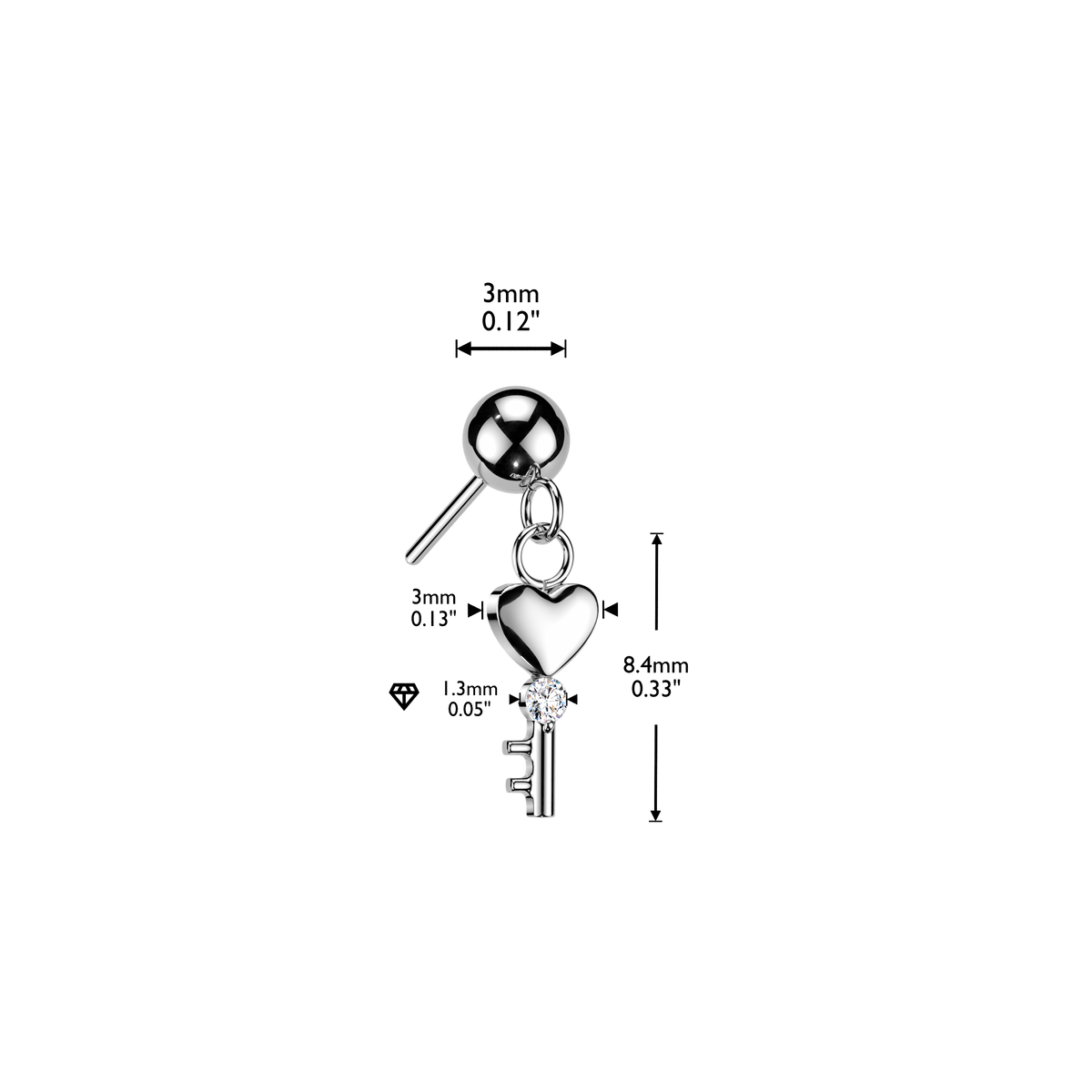 Premium G23 Titanium Heart Key Dangle Crystal Luxe Threadless Top