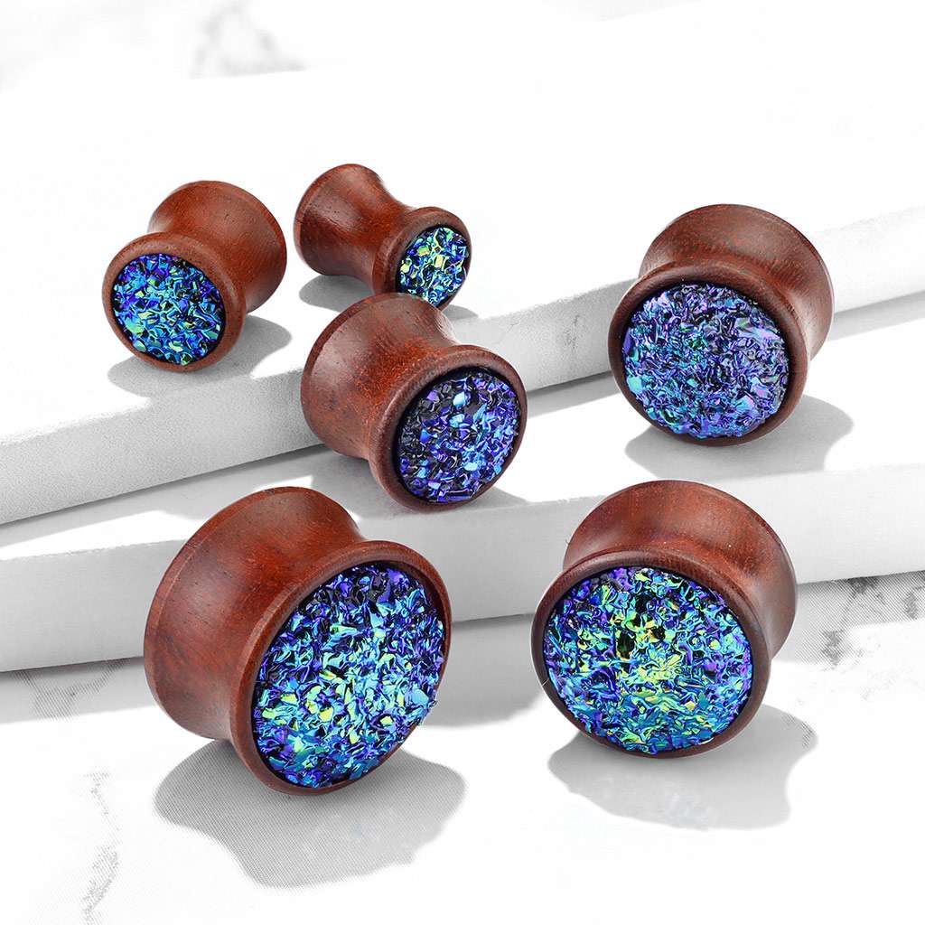 Saba Wood with Blue Druzy Stone Inlay - Saddle Plug 2, 0, 00, 1-2, 9-16, 5-8