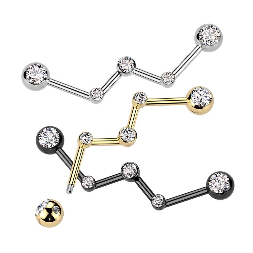 Surgical Steel Zodiac Industrial Barbell with Bezel-Set Austrian Crystals- 32mm length, 6mm ball, in gold, SS, Blackline