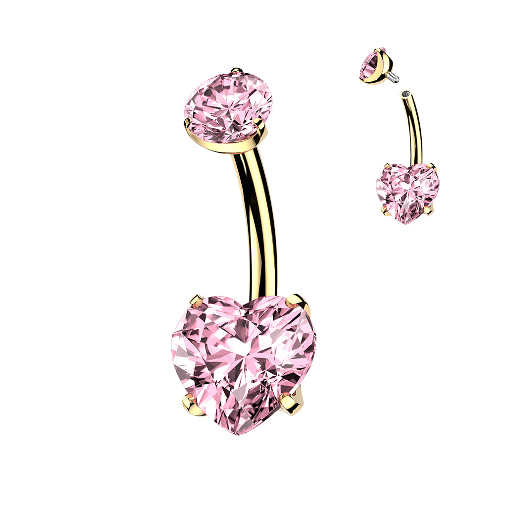 Premium G23 Titanium Heart 24k Gold‑Coated Crystal Navel Barbell 14g