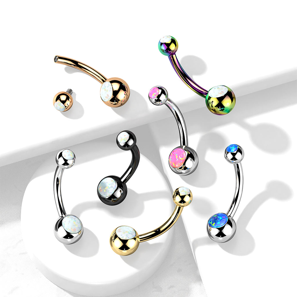 PREMIUM Titanium Rounded Bezel-Set Opal Navel Barbell 14g