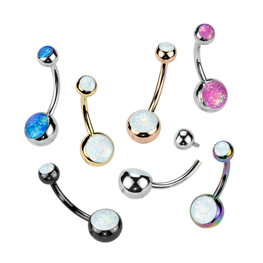 PREMIUM Titanium Rounded Bezel-Set Opal Navel Barbell 14g