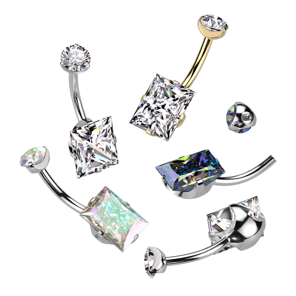 PREMIUM Titanium Square Claw-Set Crystal Navel Barbell 14g