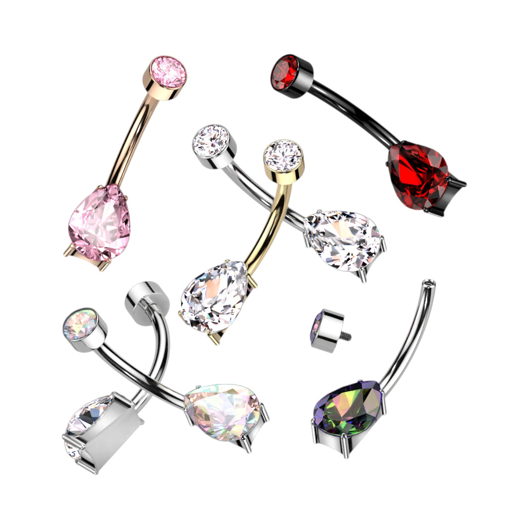 PREMIUM Double Crystal Teardrop Navel Barbell 14g