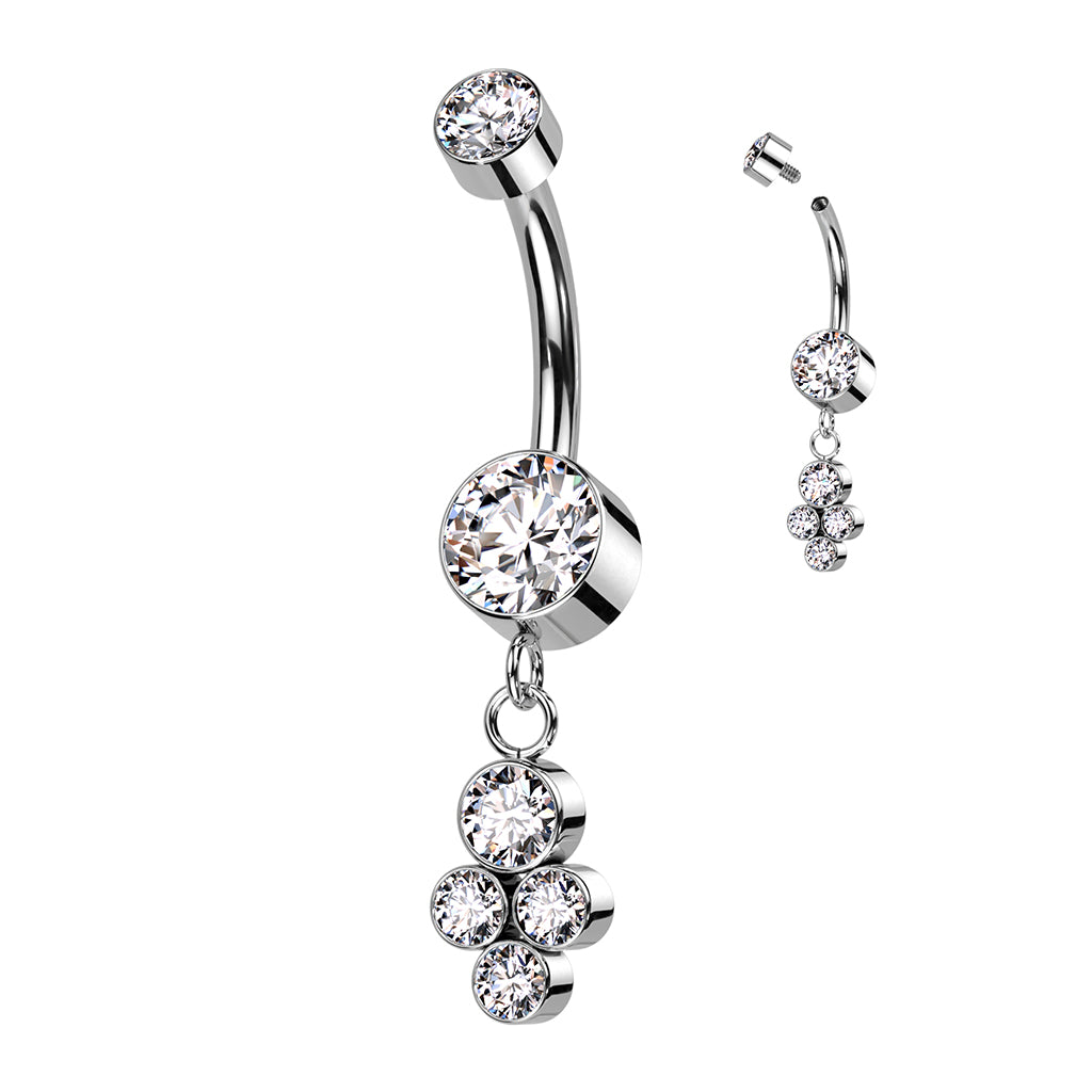 PREMIUM Titanium Bezel-Set Crystal Quad Cluster Navel Dangle 14g