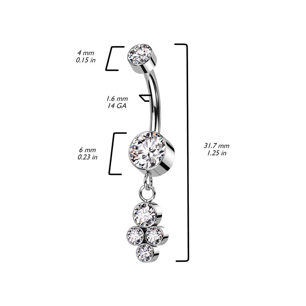 PREMIUM Titanium Bezel-Set Crystal Quad Cluster Navel Dangle 14g