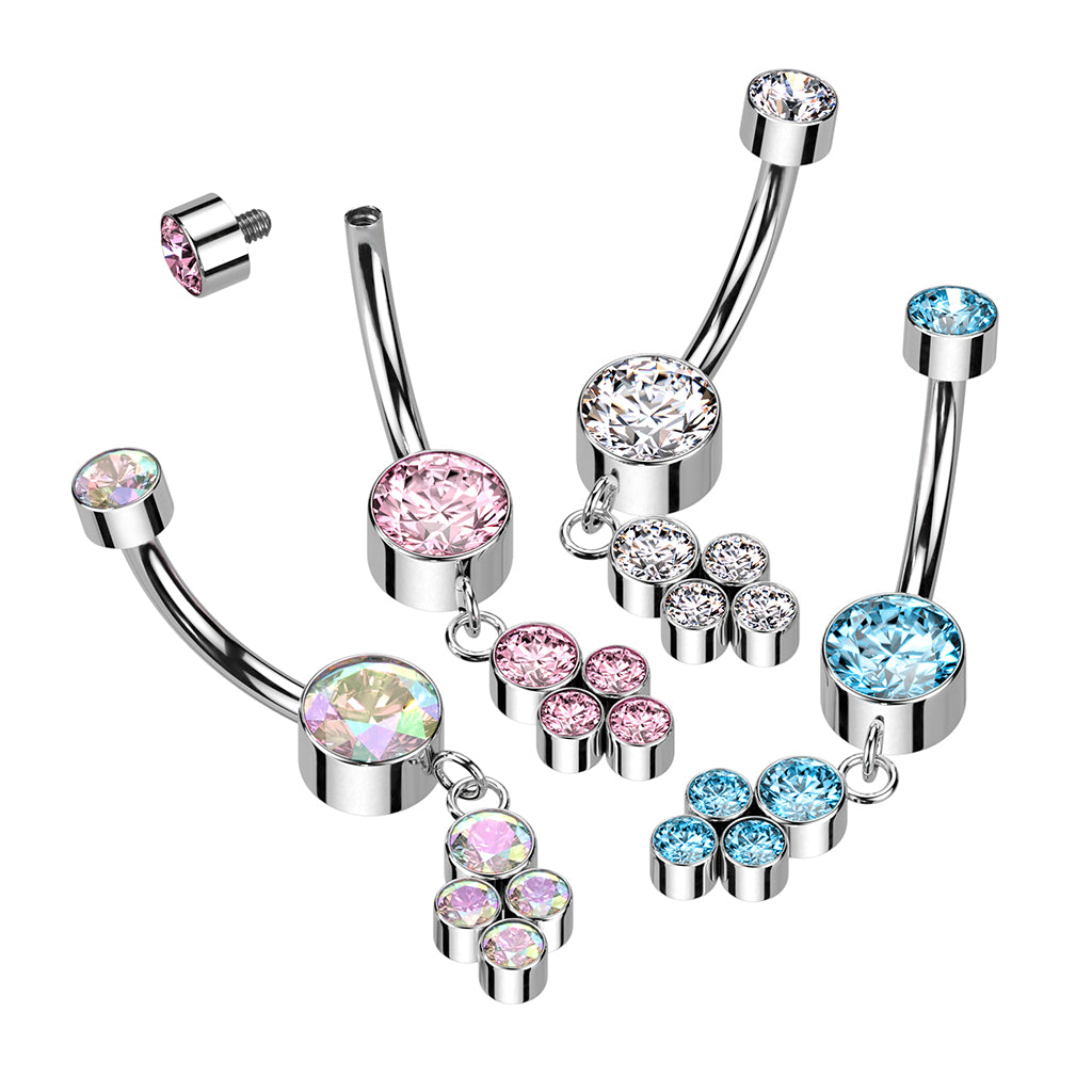 PREMIUM Titanium Bezel-Set Crystal Quad Cluster Navel Dangle 14g