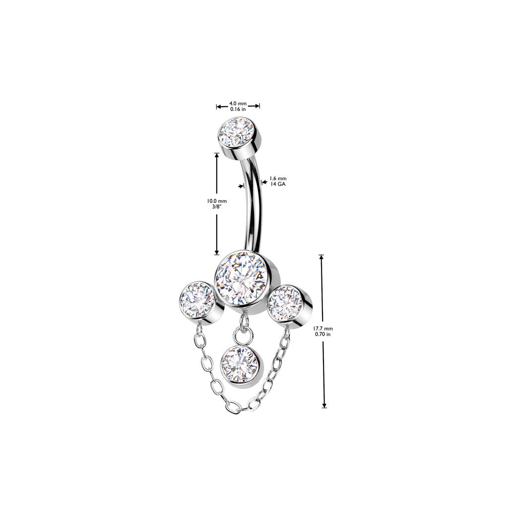 Premium G23 Titanium Bezel-Set Crystal Cluster + Chain Belly Dangle 14g