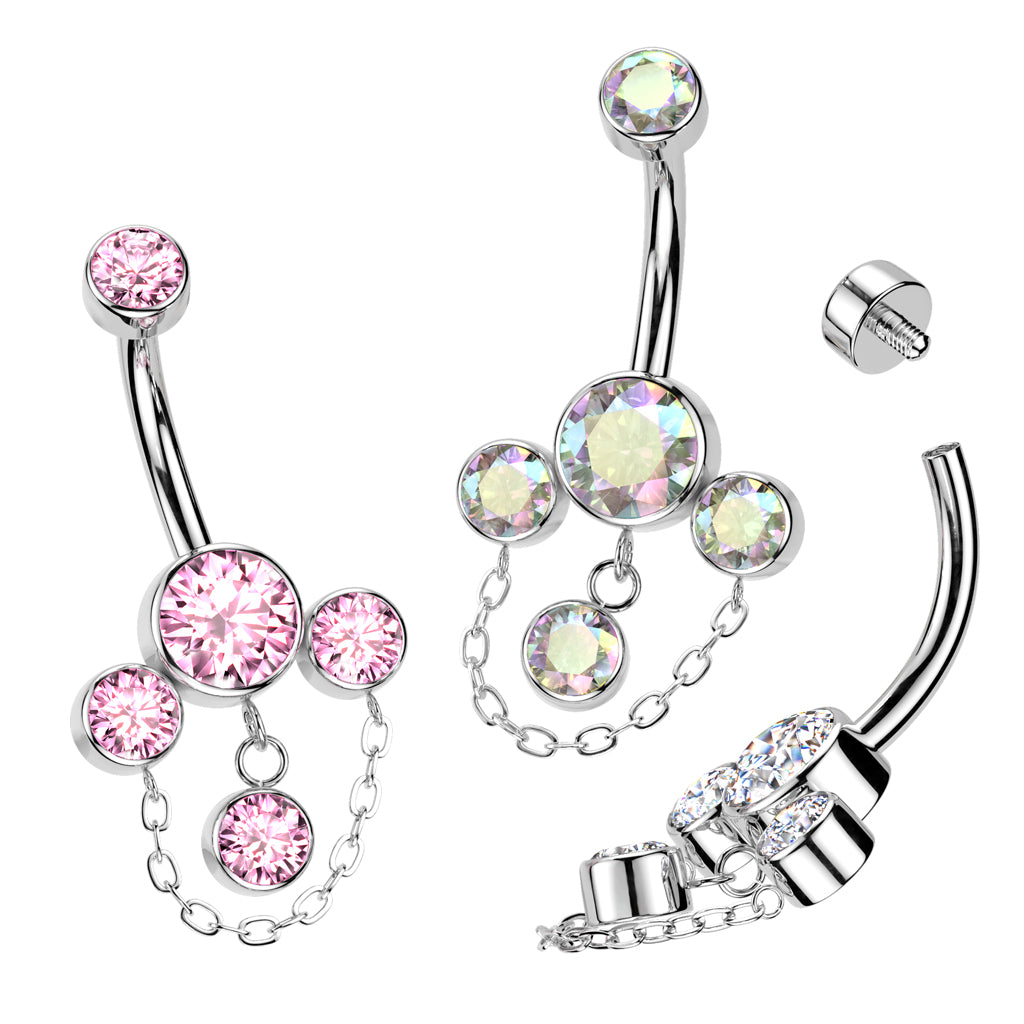 PREMIUM Titanium Bezel-Set Crystal Cluster Chain Navel Dangle 14g