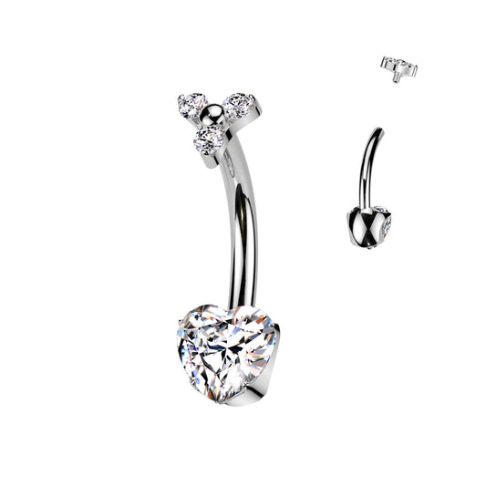 Premium G23 Titanium Trio Claw-Set Heart Crystal Navel Barbell 14g