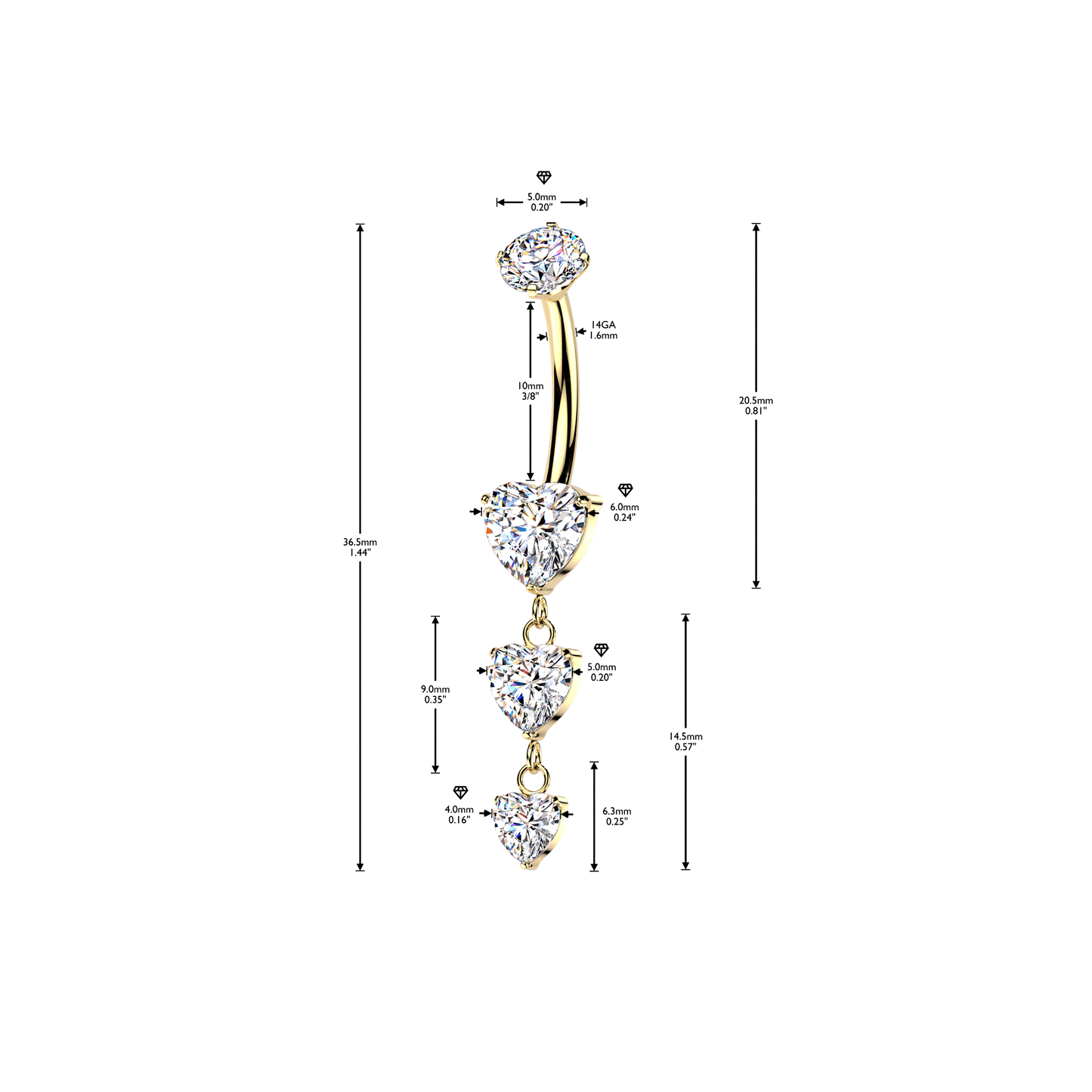 Premium G23 Titanium Claw-Set Crystal Heart Cascade Internally Threaded Belly Dangle 14g