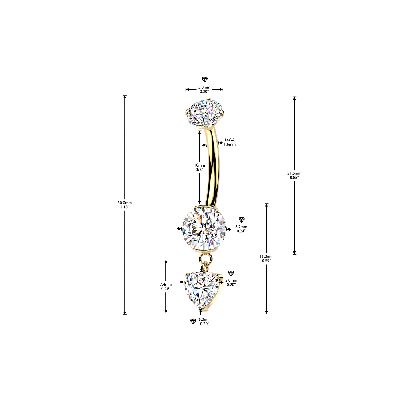 Premium G23 Titanium Claw-Set Heart Internally Threaded Belly Dangle 14g