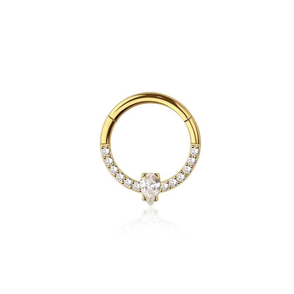 Premium Surgical Steel Teardrop Crystal Center + Pavé-Set Edge Hinged Segment Ring 16g