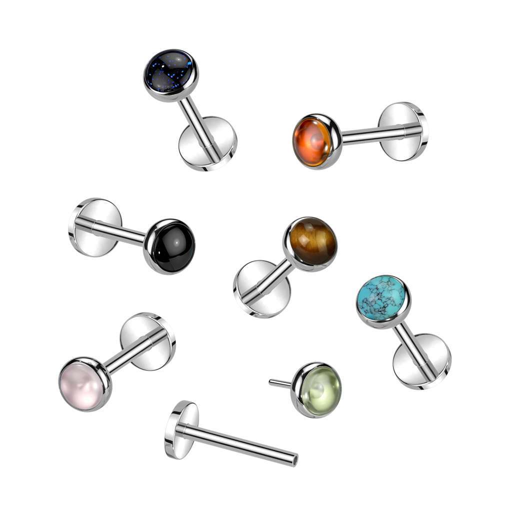 Threadless - Bezel Set Natural Stone - Black Onyx, Blue Sand, Green Onyx, Pink Opalite, Red Onyx, Tiger Eye, Turquoise - 4mm stone size