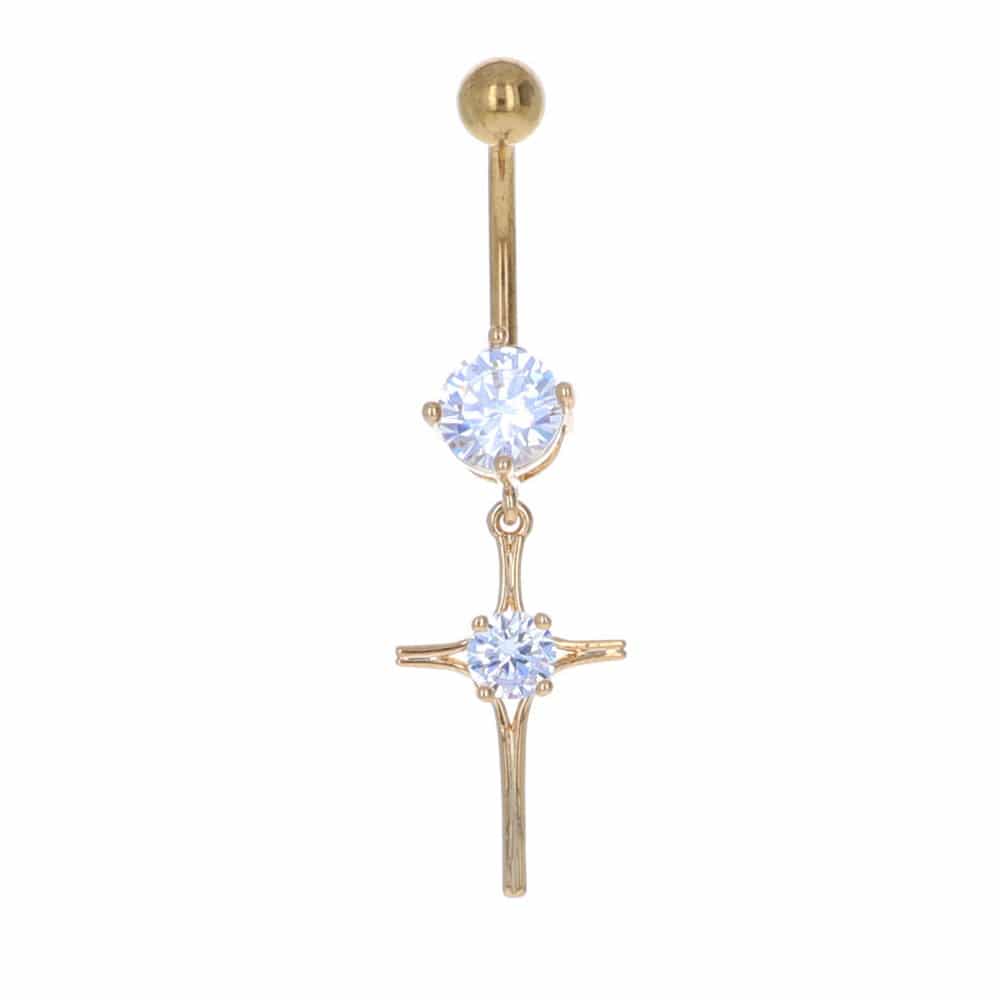 navel-belly-stud-curved-barbell-dangle-tassel-surgical-steel-ion-plated-gold-cross-with-claw-set-jewel-n-centre-jewelry