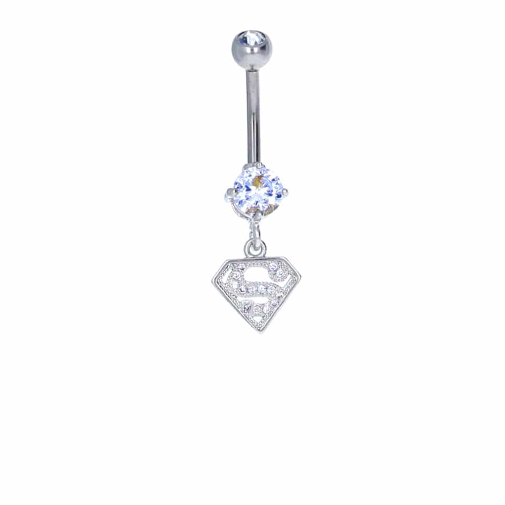 navel-belly-curved-barbell-dangle-tassel-surgical-steel-jewelled super-man-logo-licenced-jewelry-14g