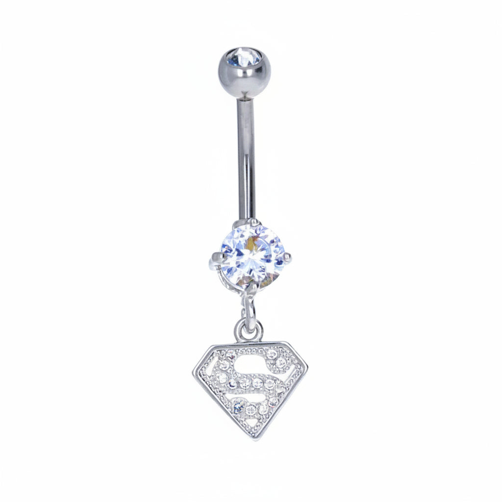 navel-belly-curved-barbell-dangle-tassel-surgical-steel-jewelled super-man-logo-licenced-jewelry-14g